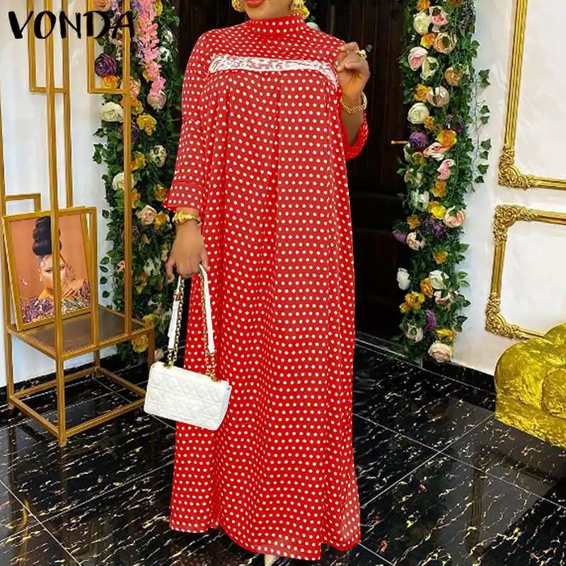 

Women Vintage Polka Dot Lace Pleated Long Maxi Dress Casual O Neck Baggy Long Sleeve Vestidos VONDA Femme Holiday Robes Longue