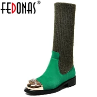 fedonas rhinestone metal women round toe mid calf boots party dancing shoes woman cow suede high heels warm knitting socks boots
