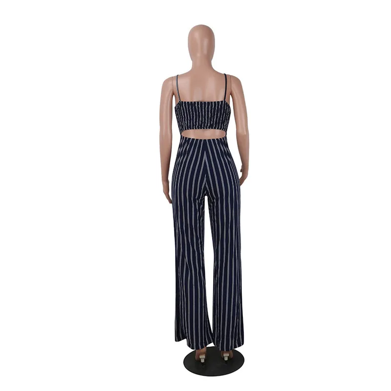 

Elegant Striped Sexy Spaghetti Strap Rompers Womens Sets Sleeveless Backless Bow Casual Wide legs Jumpsuits Leotard Overal