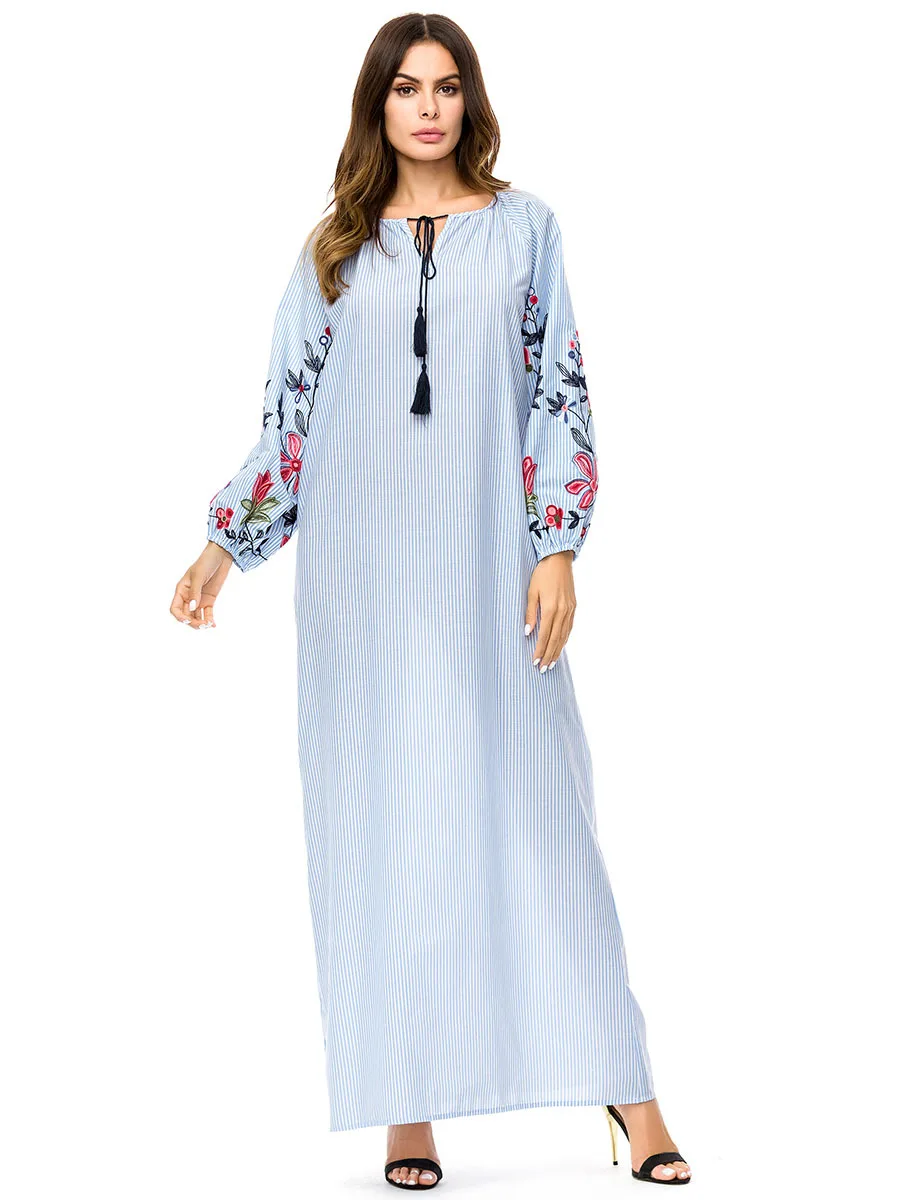 Мусульманское платье в полоску Женская Осенняя новая Корейская версия длинная