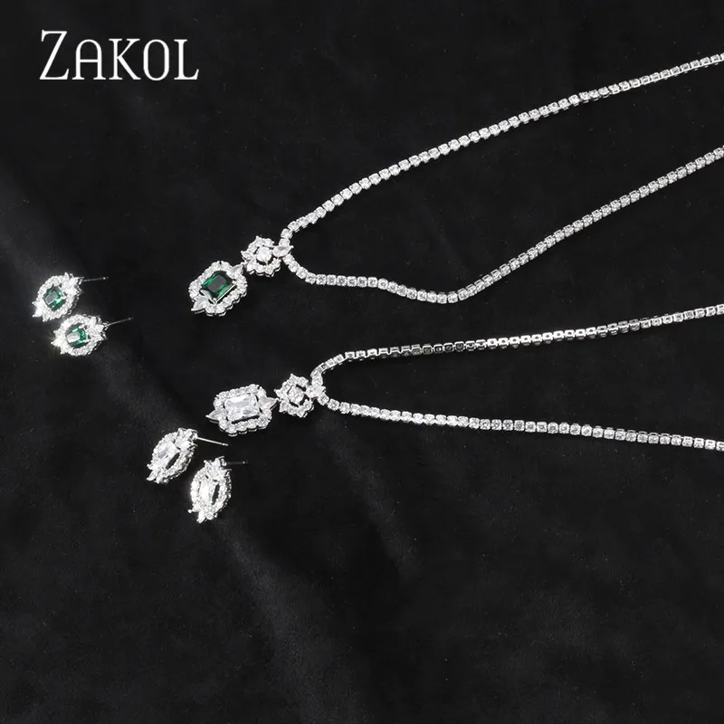 ZAKOL новейший роскошный Искрящийся кубический циркон серьги ожерелье тяжелый ужин комплект ювелирных изделий Свадебные аксессуары для одежды FSSP462