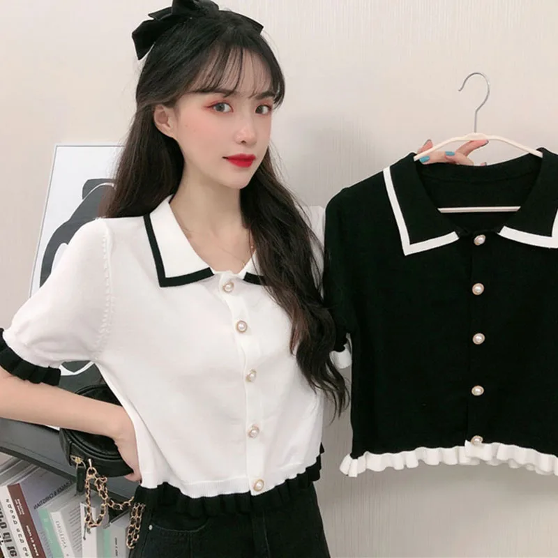 

Lucyever Patchwork Button Up Cardigan Women Fashion Lapel Collar Casual Streetwear Women Short Sleeves Style Slim Fit T Shirt