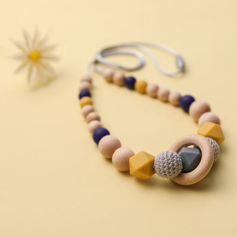 Baby Teething Chew Necklace Silicone Necklace With Wooden Ring Food Grade Beads Long Chain Wooden Toys Gift For Baby Teether