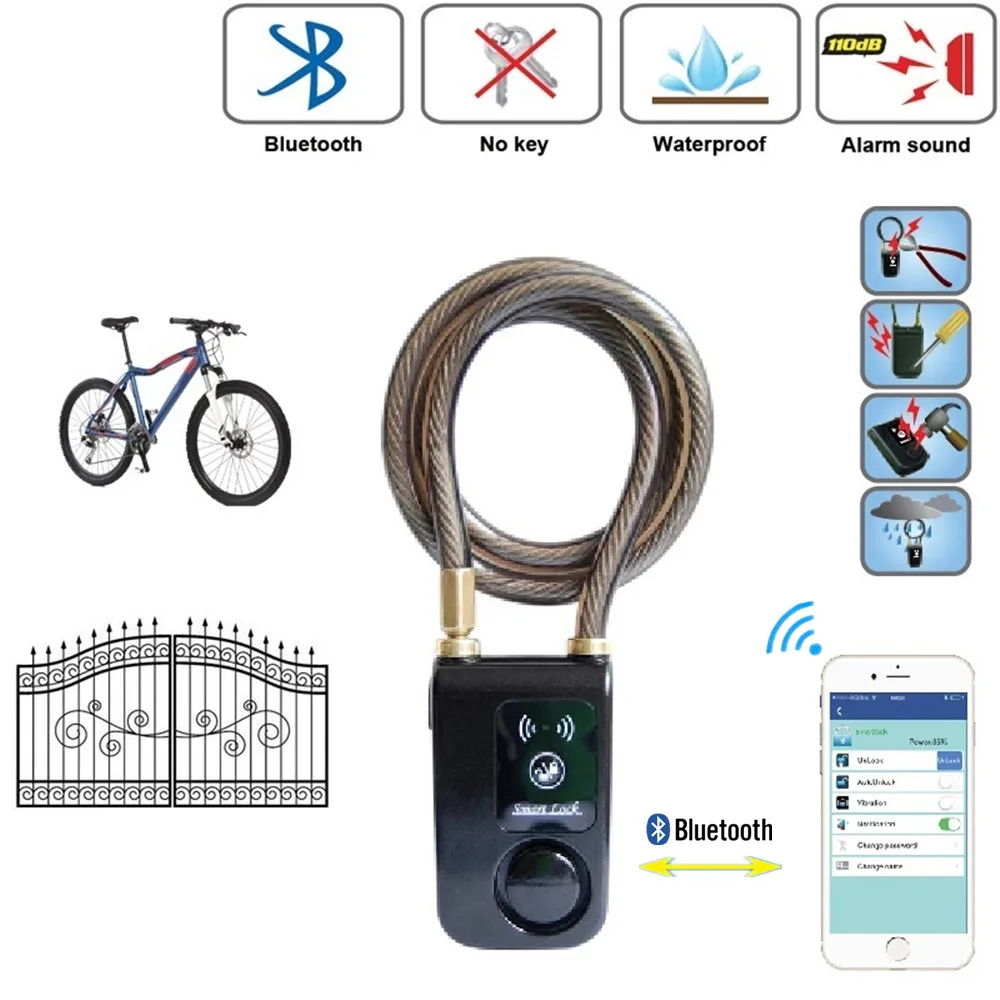 Bluetooth APP electric anti theft Digital Lock,  80cm Wire Rope Waterproof With 110dB Alarm For Door motorcycle Bicycle enlarge