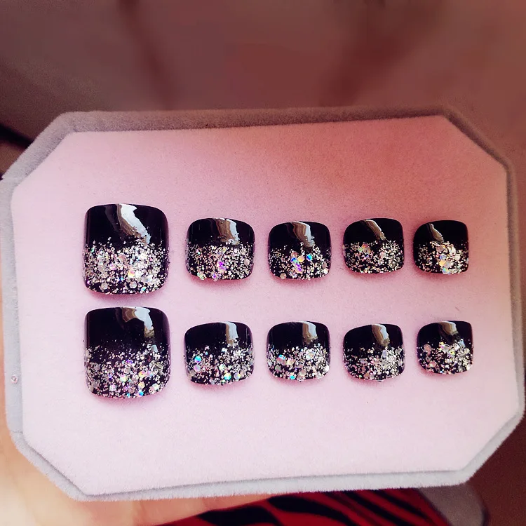 24 шт красочные большие блестки на черных поддельных таблетках Toenail наклейки