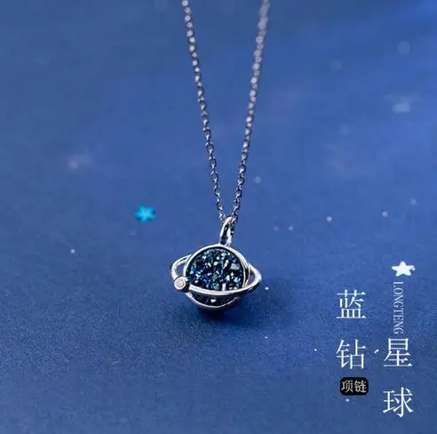 S925 Серебряное ожерелье подвеска Женская корейская мода короткая милая синяя