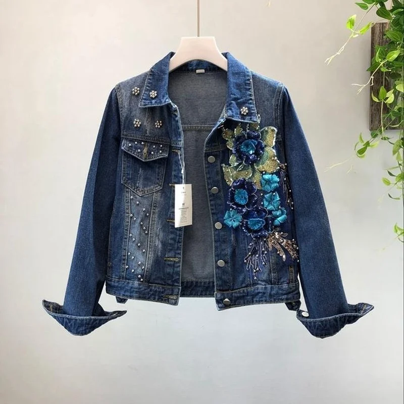 

Fashion Beading Embroidery Denim Women Coats Autumn New 2021 Turn-Down Collar Long-Sleeved Female Outwear Jackets Tops
