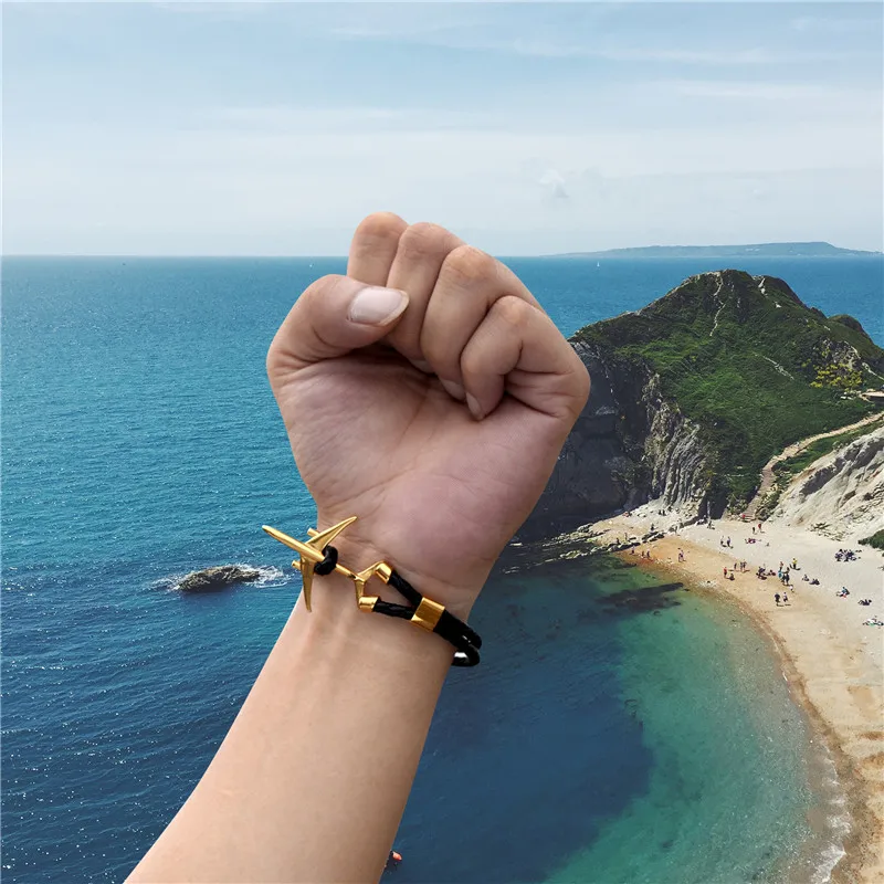 MKENDN Hot Sale Stainless Steel Airplane Anchor Bracelets Men Women Genuine Multilayer Leather Bracelet Freestyle Homme Jewelry