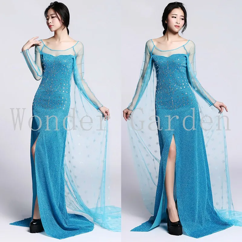 Новое платье Снежной королевы взрослая Эльза голубое с разрезом на Хэллоуин