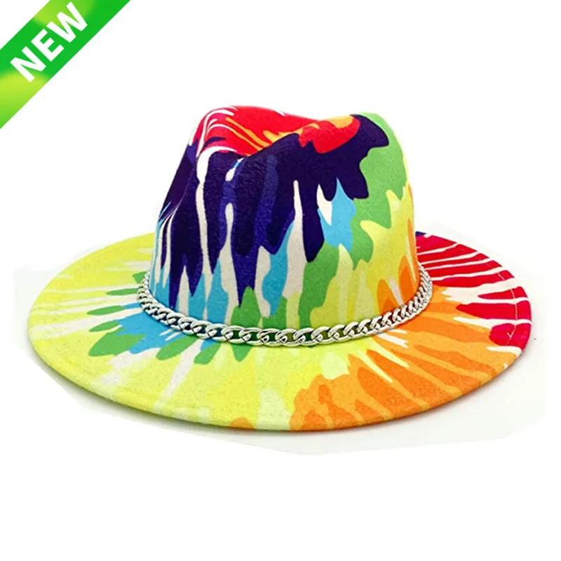 

Tie Dyed Special Style Wide Brim Fedora Panama Hat with Chain Belt Buckle Men Women artificial wool British style Jazz Cap
