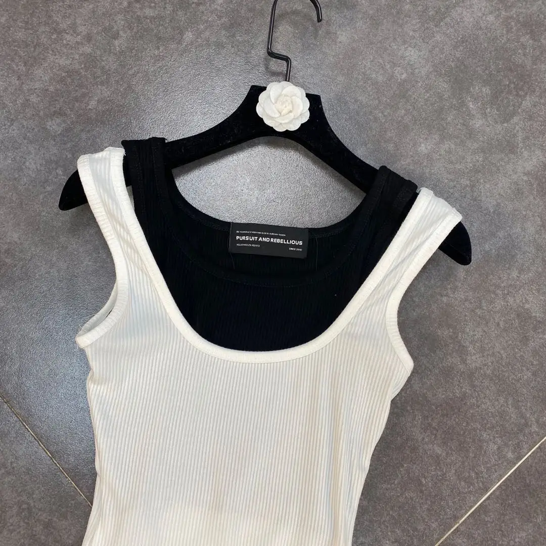 

ZCSMLL black vest 2021 spring black and white contrast double shoulder strap waist mid-length fake two-piece vest women