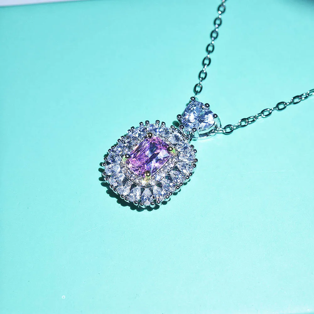

Aneis Bagues Pendants For Necklaces Women S925 Silver Cubic Zirconia Pink Square Stone Vintage Wedding Pendant With Chain