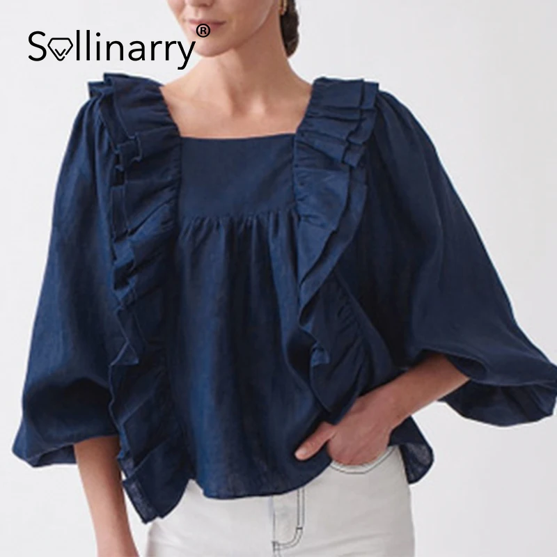 

Sollinarry Chic lantern sleeve square neck woman blouse white ruffled collar loose female top Elegant blue spring summer blouse