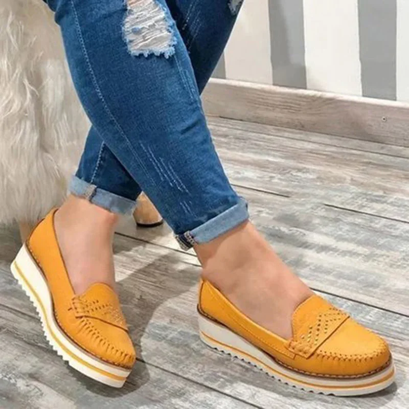 Plus Size 35-43 Women Casual Shoes Black Loafers Sewing Oxford Wedges Pumps Med Heels Platform Female Yellow 8309G | Обувь
