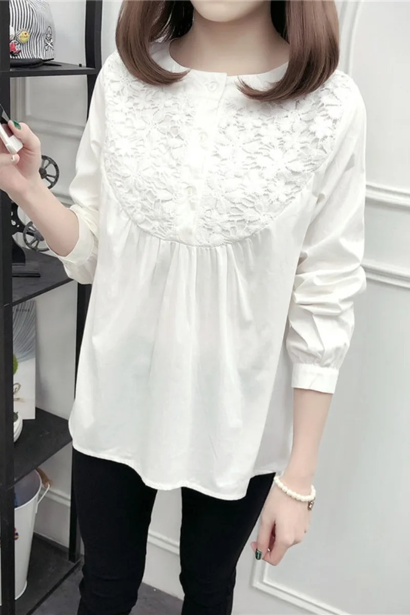 

COIGARSAM 4XL Plus Size Full Sleeve blouse women Spring Chiffon Lace Patchwork blusas womens tops and blouses White G854