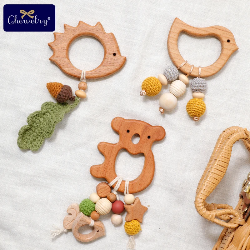 

1pc Baby Wooden Teether Rodent Beech Animal Koala Teeth Pendant Mobile Music Rattle Gym Baby Montessori Bracelet Charm Pram Toys