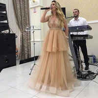 eightale arabic evening dresses v neck champagne tulle tiered prom gowns a line custom made formal party dress