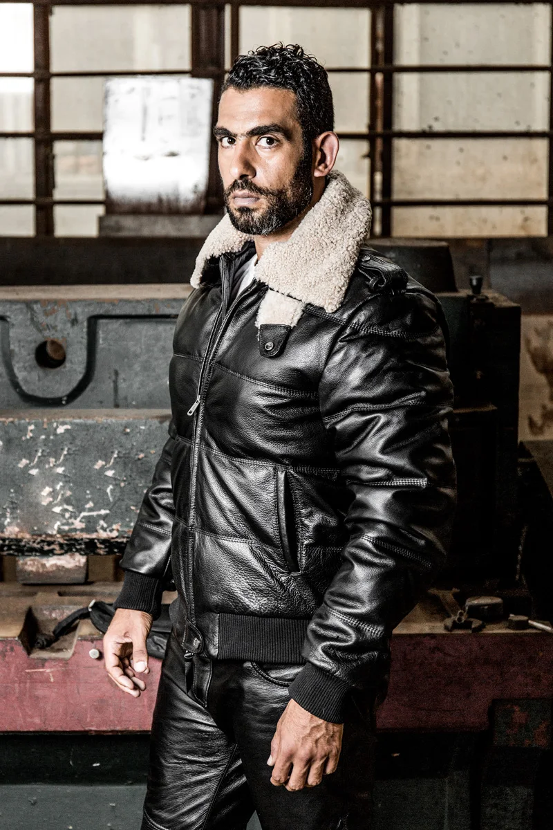 

Fur collar genuine down men cowhide winter leather coat men's brand avaitor bomber jacket black color