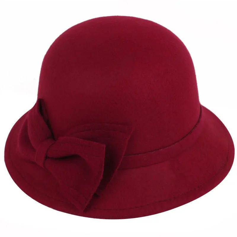 

Big Bow-knot Woolen Ladies Hats Solid Color Women Fedora Hat Winter Fall Pork Pie Boater Flat Top Hat Khaki Black Cap