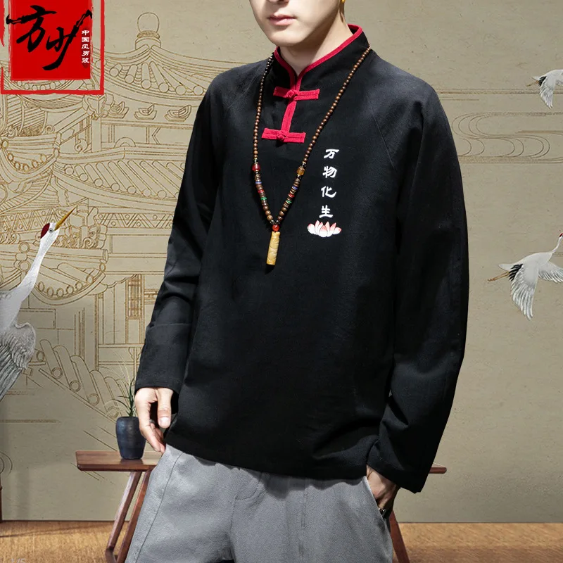 Хлопок лен плюс размер пуловер футболки вышитый кунг-фу тай-чи костюм мастера