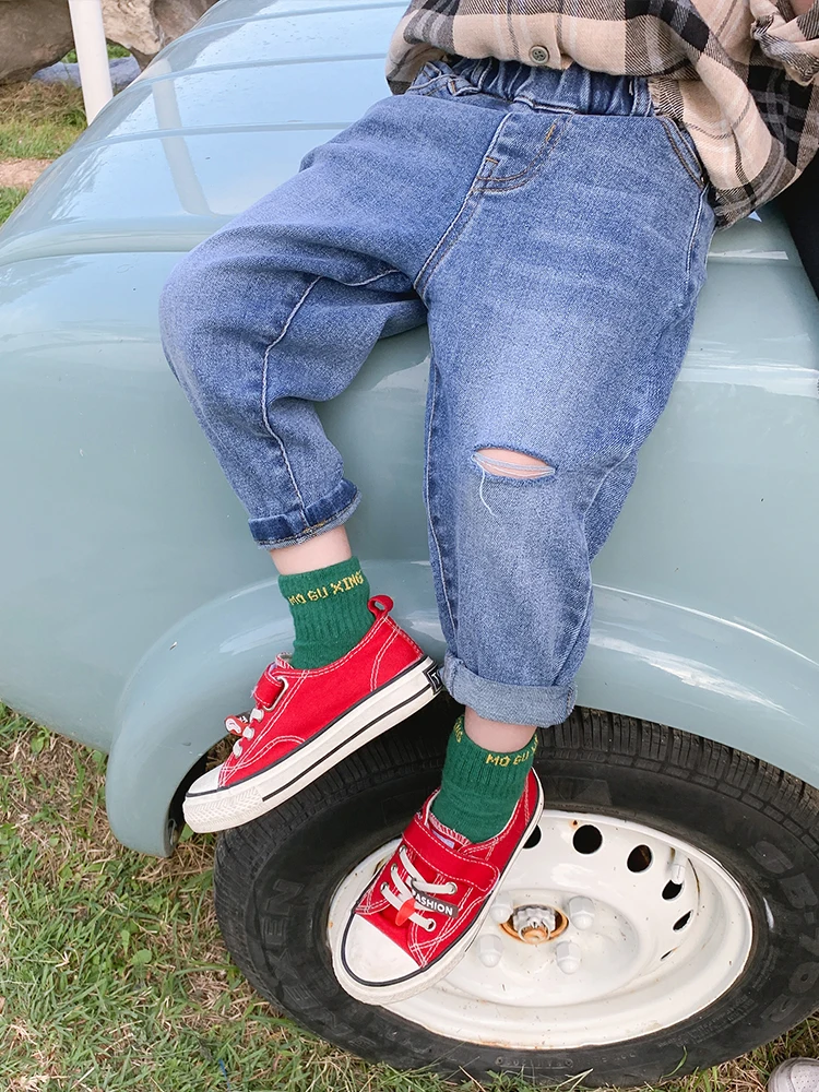 

Детские рваные джинсы, детские брюки в западном стиле, свободные весенне-осенние брюки для мальчиков