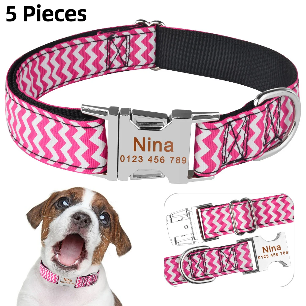 

AiruiDog Engraved Dog Collars Personalized Dog Collar Fabric ID Name Tag Buckle Custom Engraved Puppy S M L Dog Name Tag 5Pieces