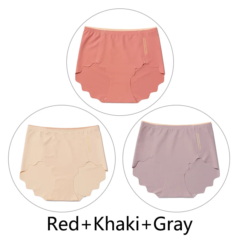 Red Khaki Gray 3 шт., Мягкие Бесшовные трусы, женские сексуальные трусики с оборками, женское Ультра тонкое нижнее белье, женские L-XXL, большие размеры, нижнее белье, новинка - Цвет: Red Khaki Gray