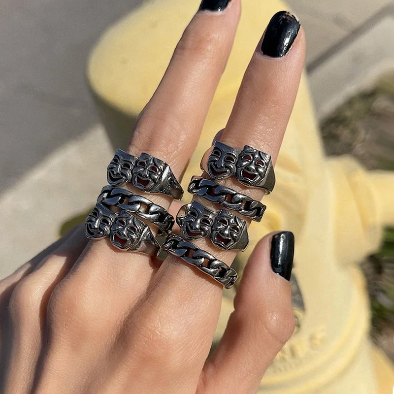 

Creative Laugh Cry Face Rings Vintage Punk Gothic Silver Rings For Women Men Hip Hop Rock Culture Ring Party Bar Ring Jewelry