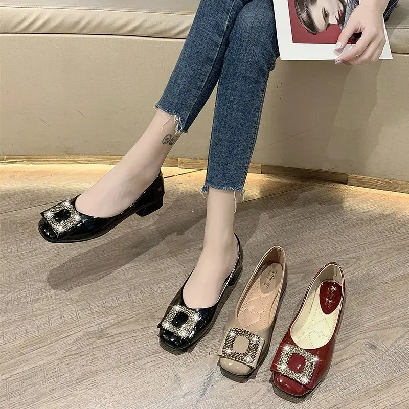 

Soft Square Toe Shoes On Heels Crystal Women's Moccasins Casual Female Sneakers All-Match Retro Grandma Rhinestone Low Comfortab