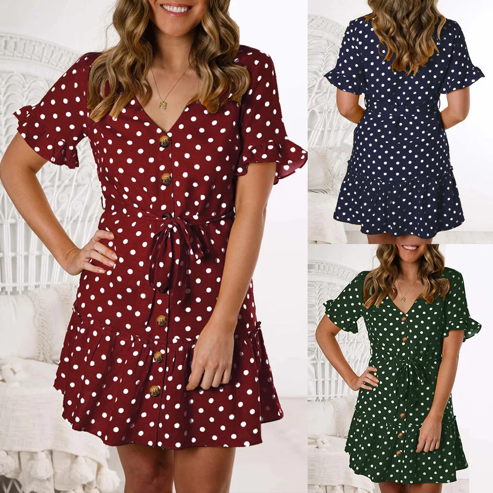 

Женское однобортное платье миди с v-образным вырезом и поясом с оборками и коротким рукавом 2020