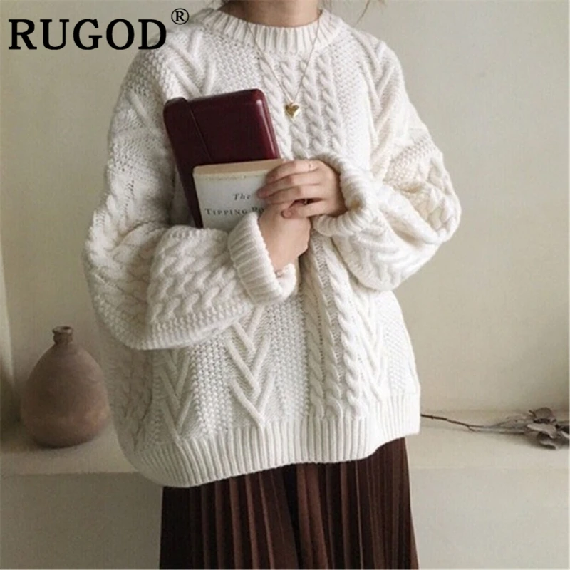 RUGOD Korean sweater women Elegant round collar twisted loose winter warm pullover female Casual solid knitted oversized | Женская