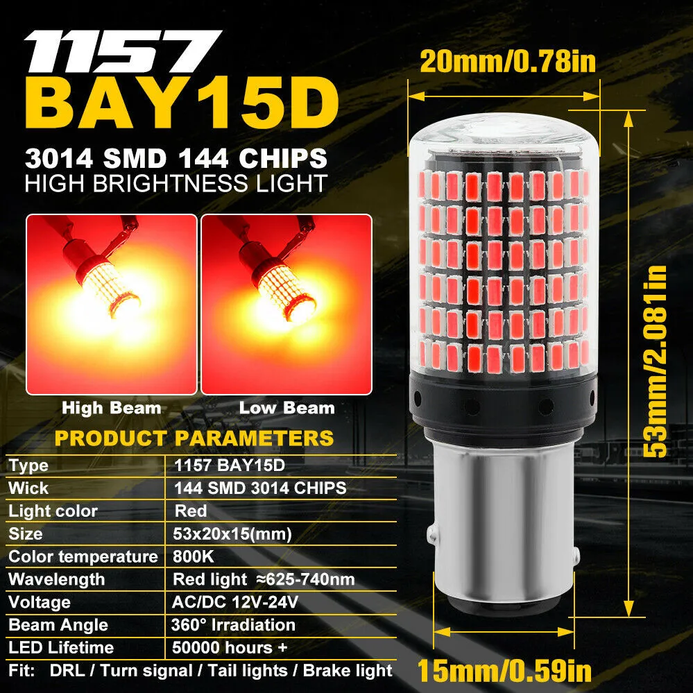 

4pcs Red 1157 BAY15D LED 144 SMD 20W Canbus Super Bright Car Brake Reverse Lamp Tail Light Bulb Car Daytime Running Light