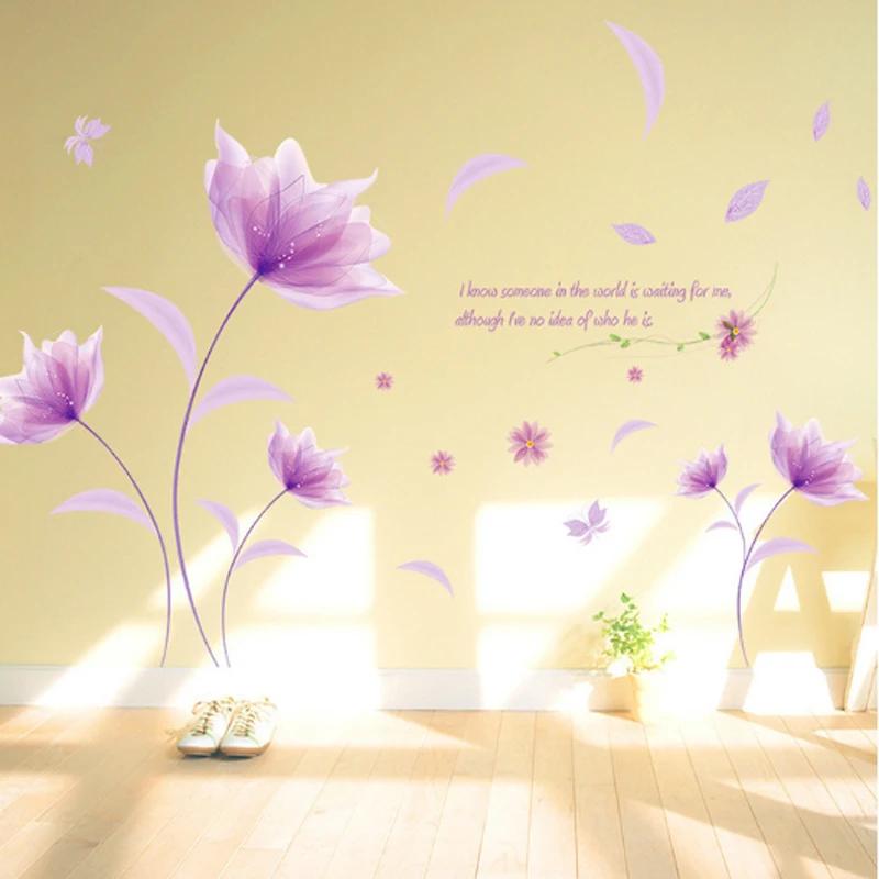 

Sticker wall love romantic purple flowers bedroom for home decor art decals background stickers wallpaper decoration