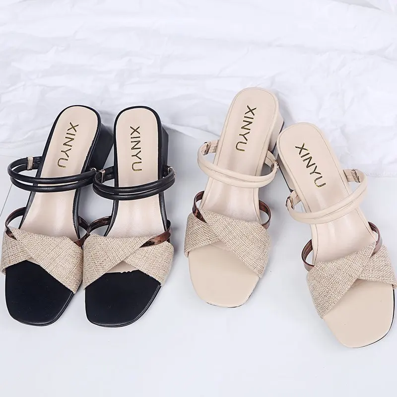 

Shoes Woman 2021 Flock Slippers Casual Med Square heel Pantofle Luxury Block Summer New Soft Fabric Rome Slides PU Fashion Scand