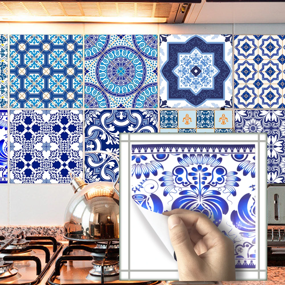 10 шт. самоклеящиеся сине белые наклейки для фарфоровой плитки 15/20 см|Наклейки на