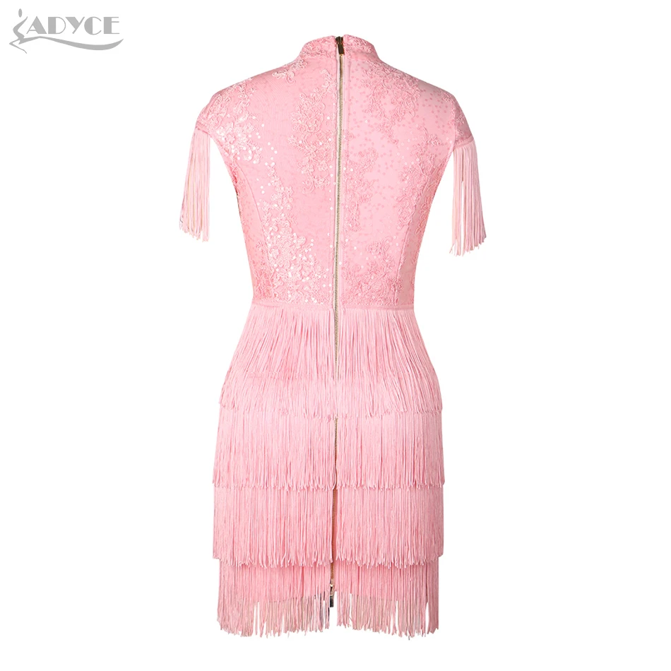 

Adyce 2021 New Summer Women Lace Bodycon Bandage Dress Sexy Short Sleeve Tassel Mini Club Celebrity Runway Party Dresses Vestido