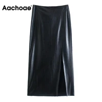 aachoae women solid color pu faux leather midi skirts high waist a line skirts female chic sexyside split dresses mujer faldas