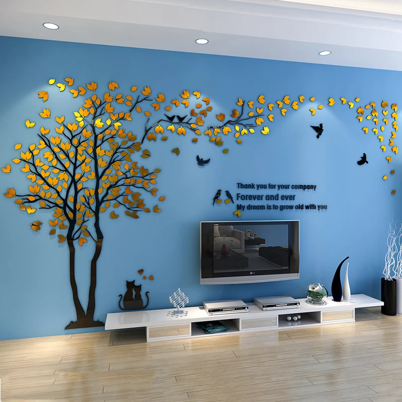 Золотые листья птицы Милая кошка кристалл трехмерное дерево акриловые наклейки