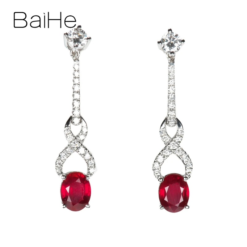 BAIHE Твердое 14 к белое золото 0.80ct Овальный натуральный рубин 0.26ct H/SI бриллианты Свадебные трендовые ювелирные изделия рубис бриллианты серьги