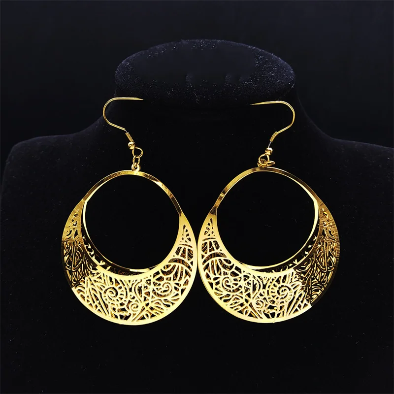 

Fashion Big Stainless Steel Drop Earring for Women Gold Color Flower Statement Earrings Jewelry pendientes mujer E9521S02