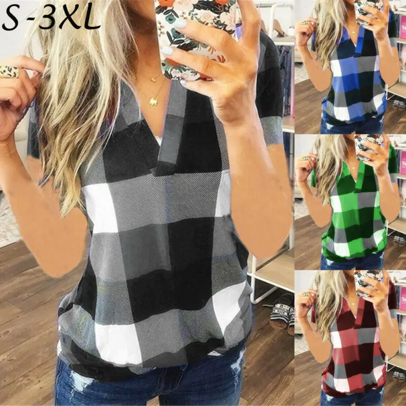 

Plus Size Women Ladies V-Neck Plaid T-Shirt Short Sleeve Casual Tops Fashion