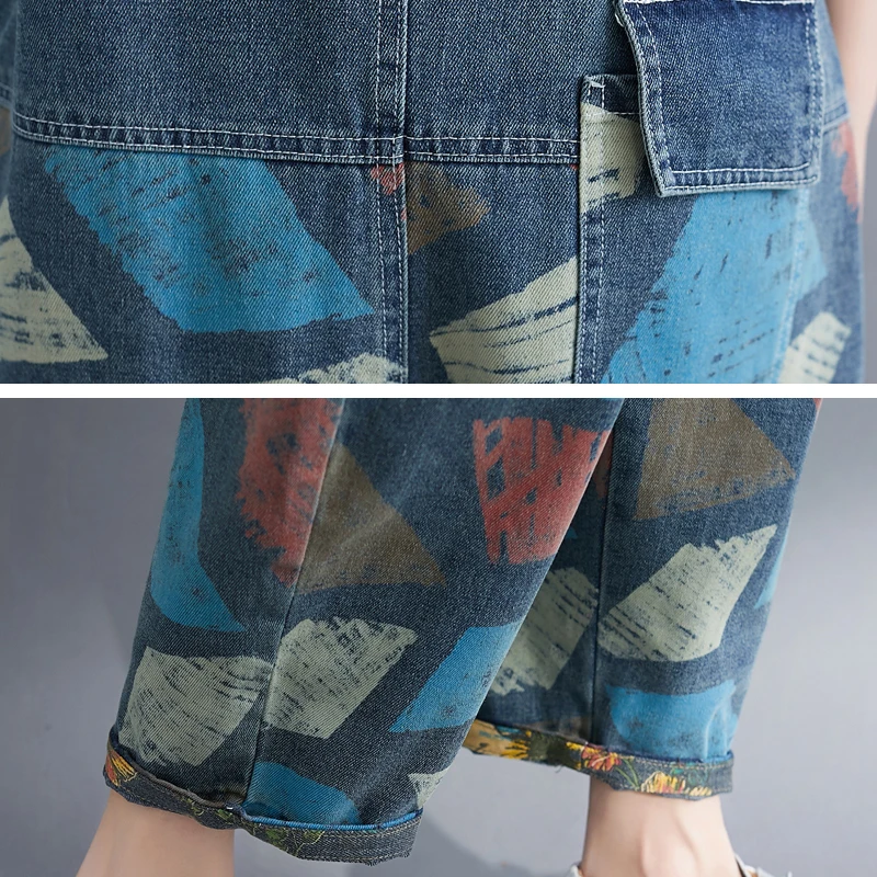 Женские джинсовые брюки винтажные комбинезоны с цветочным принтом лето