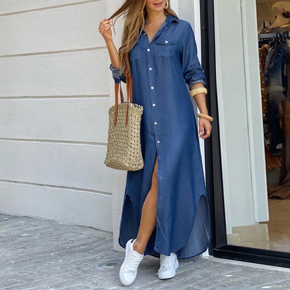 Летнее темно синее женское платье однотонное 2020 повседневные платья макси с