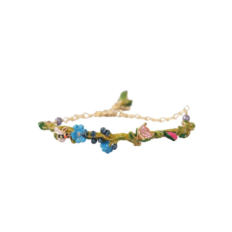 

Fashion Personality Trend Temperament Blue Flower Bee Flower Branch Geme Bracelets Bracelet Female Hand-painted Enamel Jewelry