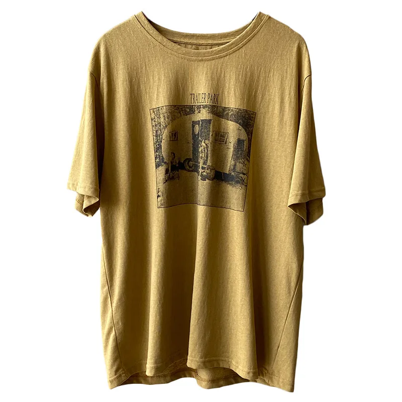 

Yeeloca Retro Printed T-shirt For Women 2021 Summer New Casual Pullovers Korean Round Neck Loose Bottomed Top