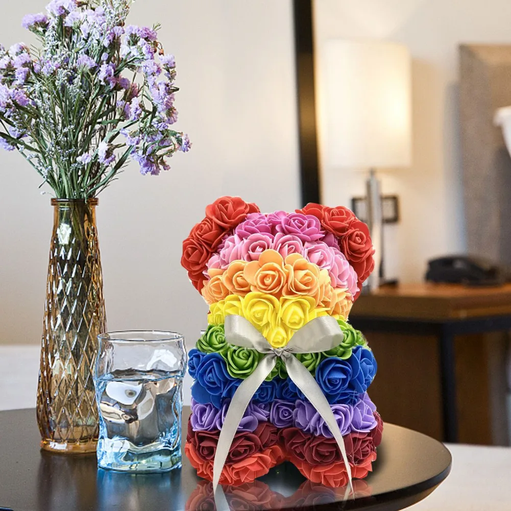 

2022 Valentine's Day New Handmade Bear Preserved Flower Cute Fashion Rainbow Rose Bear Valentine's Day Gift Home Decoration