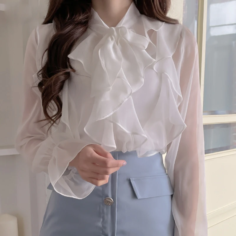 

2021 Fashion Korean Chiffon Blouse Office Lady Tops Spring Sweet Bow Woman Shirts Casual Long Sleeve Women Clothing Blusas 13864