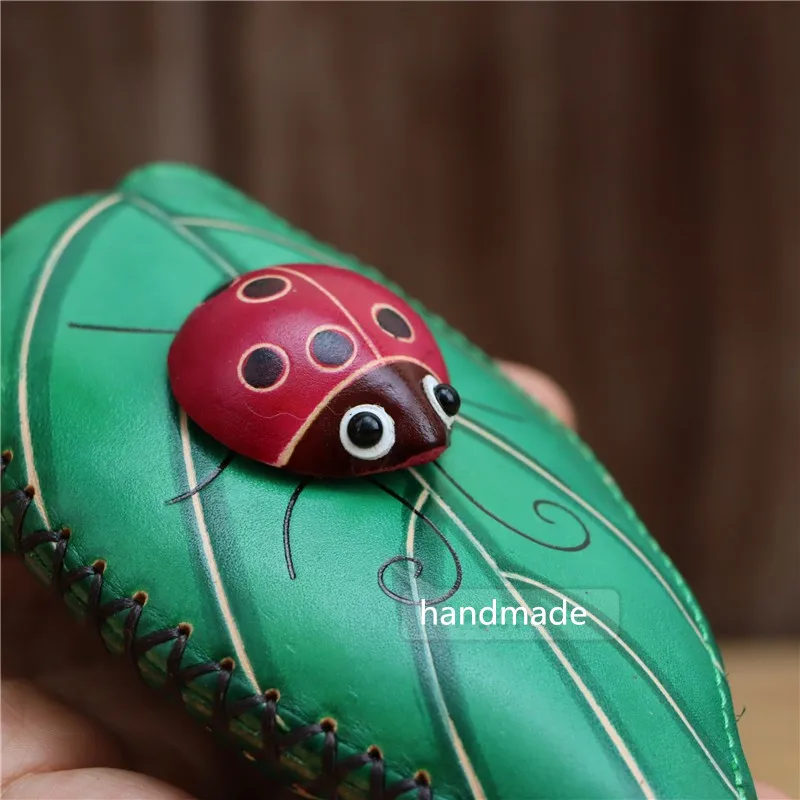 

New Luxury Genuine Leather Handmade Ladybug leaf Key Case Card Key Cartoon Wallets For Women Girl Kids Dropshipping