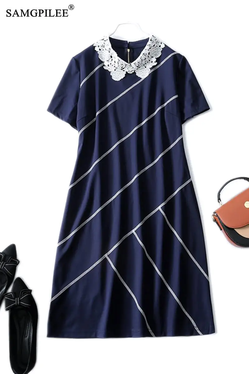 

Summer Clothes For Women 2021 New Classic Crochet Hollow Stitching Embroidery Peter Pan Collar Slim Short-sleeved Dress Woman