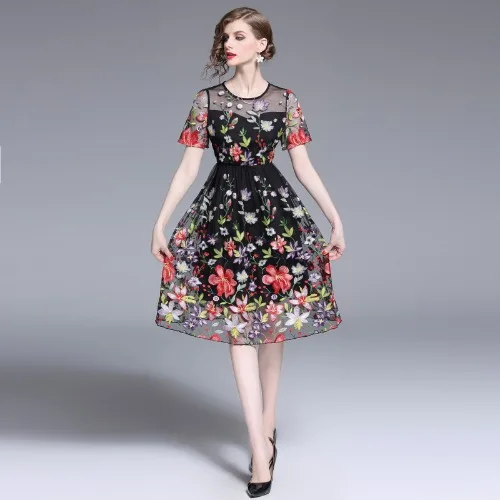 

2020 Euramerican High Quality Women Short Sleeve Gauze Flower Embroidery Mesh Dress Office Slim Elegant Knee-Length Lady Dresses